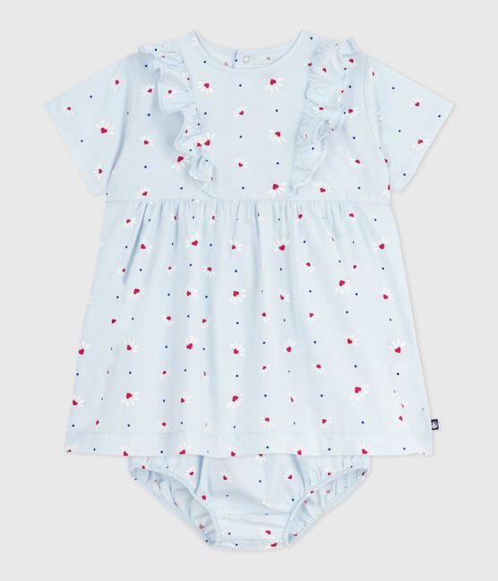 Babies' short-sleeved short printed cotton dress with matching bloomers FRAICHEUR blue/MULTICO white