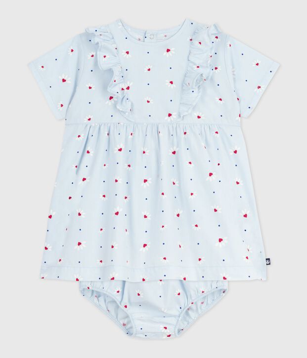 Babies' short-sleeved printed cotton dress with matching bloomers blue/multicolor