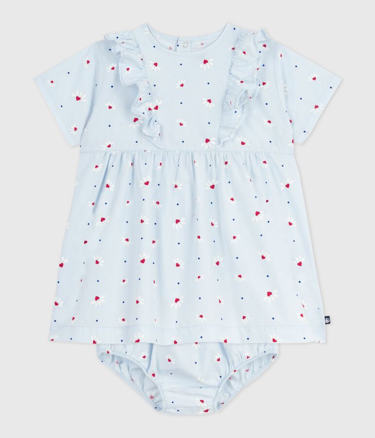 Babies' short-sleeved printed cotton dress with matching bloomers blue/multicolor