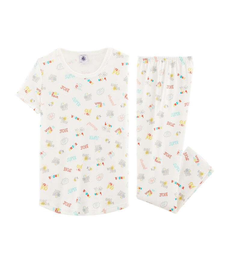 Girls' Ribbed Pyjamas MARSHMALLOW white/MULTICO white