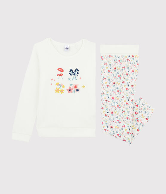 Girls' High-waisted Pyjamas in Brushed Terry Towelling MARSHMALLOW white/MULTICO white