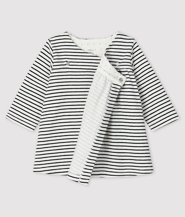 Baby Girls' Long-Sleeved Tube-Knit Striped Dress white/blue