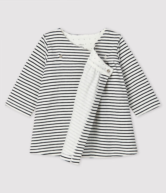 Baby Girls' Long-Sleeved Tube-Knit Striped Dress MARSHMALLOW white/SMOKING blue
