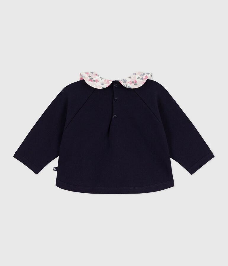 Babies' plain cotton sweatshirt with a printed collar blue