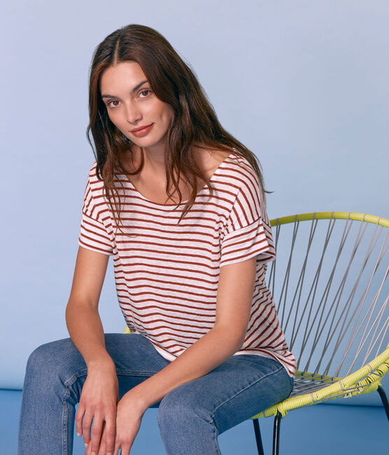 Women's short-sleeved linen t-shirt MARSHMALLOW white/COPPER pink