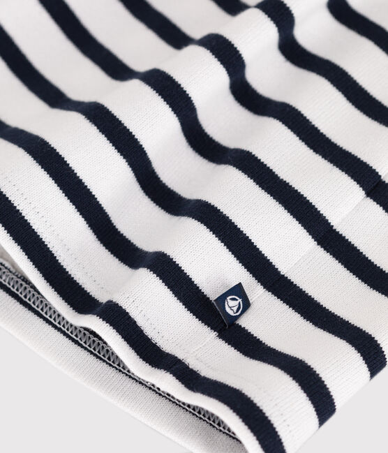 Babies' Breton stripe dress in thick cotton with long sleeves MARSHMALLOW white/SMOKING blue