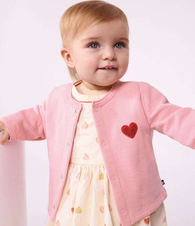 Babies' plain cotton cardigan with a heart badge pink
