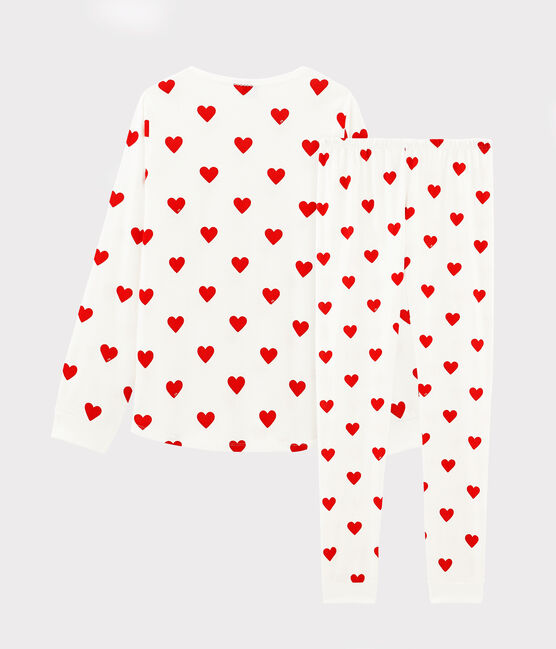 Girls' or Women's Heart Print Ribbed Pyjamas MARSHMALLOW white/TERKUIT red