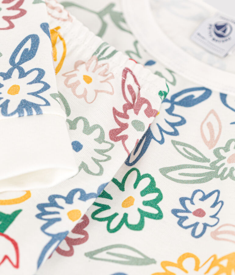 Children's fitted floral cotton print pyjamas MARSHMALLOW white/MULTICO white