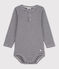 Babies' Stripy Long-Sleeved Cotton Henley Bodysuit SMOKING blue/MARSHMALLOW white