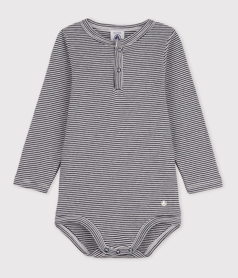 Babies' Stripy Long-Sleeved Cotton Henley Bodysuit blue/white