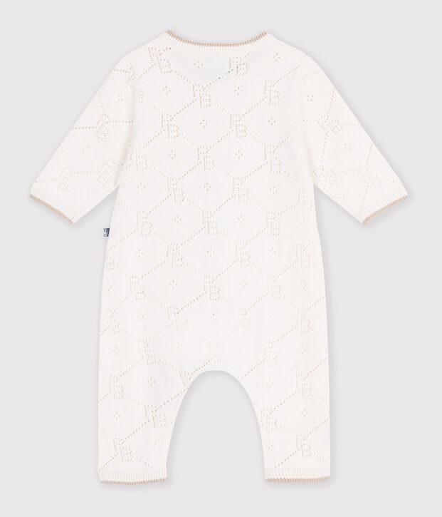 Babies' long openwork knit cotton playsuit MILK