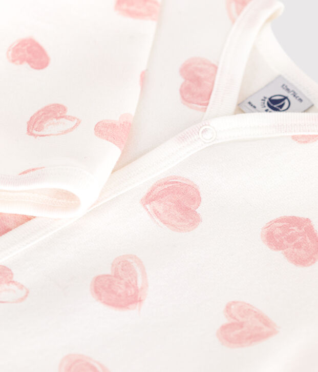 Babies' brushed fleece heart-print pyjamas with a collar white/pink