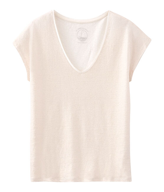 Women's iridescent linen short-sleeved t-shirt MARSHMALLOW white/COPPER pink