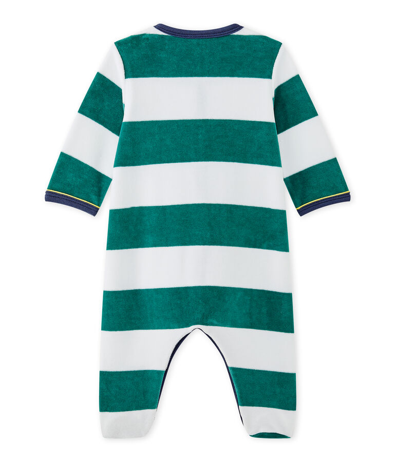 Baby boys' striped velour sleepsuit OLIVIER green/ECUME white