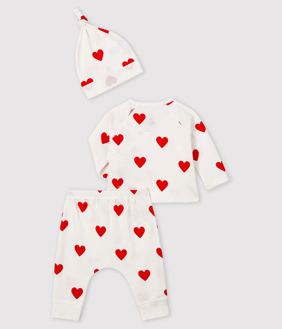 Babies' Red Heart Pattern Organic Cotton Clothing - 3-Piece Set MARSHMALLOW white/TERKUIT red