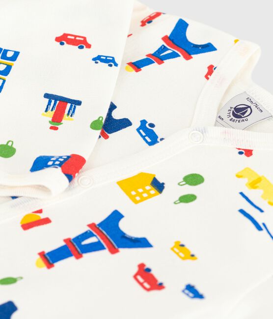 Babies' brushed fleece Paris-print pyjamas with a collar MARSHMALLOW white/MULTICO white