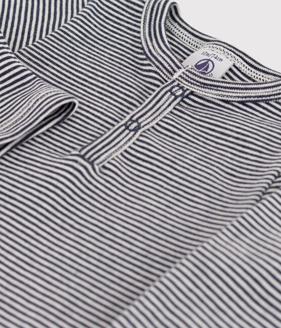Babies' Stripy Long-Sleeved Cotton Henley Bodysuit SMOKING blue/MARSHMALLOW white