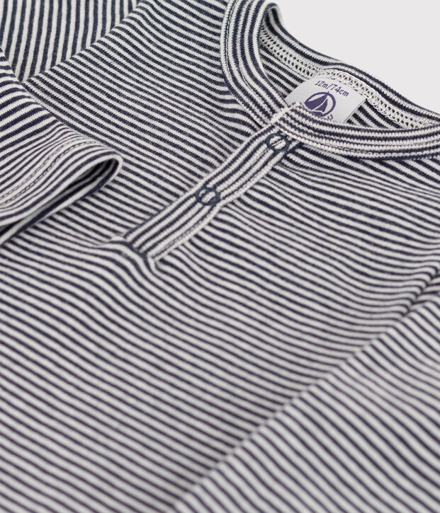 Babies' Stripy Long-Sleeved Cotton Henley Bodysuit blue/white