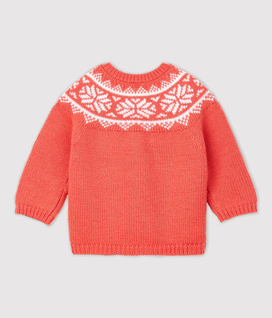 Babies' 100% Wool Cardigan OURSIN orange/MARSHMALLOW white