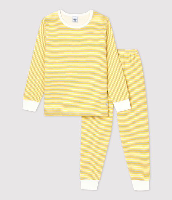 Unisex Pinstriped Yellow Organic Cotton Tube Knit Pyjamas OCRE yellow/MARSHMALLOW white