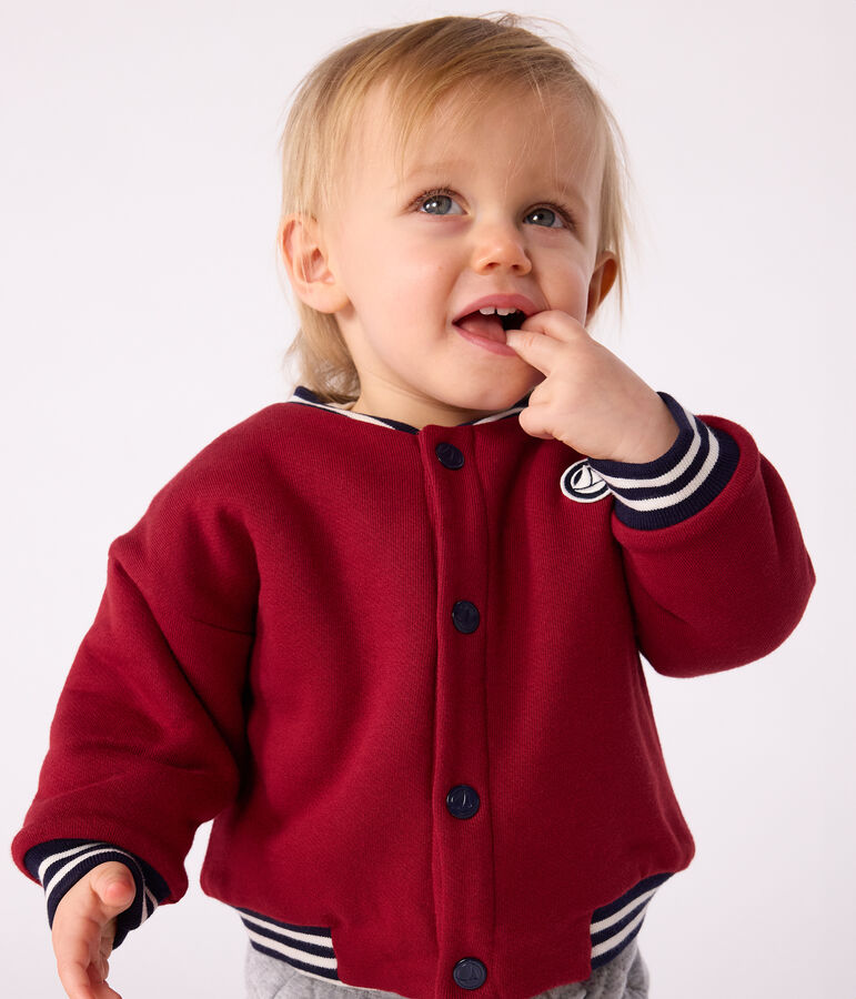 Babies' varsity-style jacket in plain cotton and sherpa red