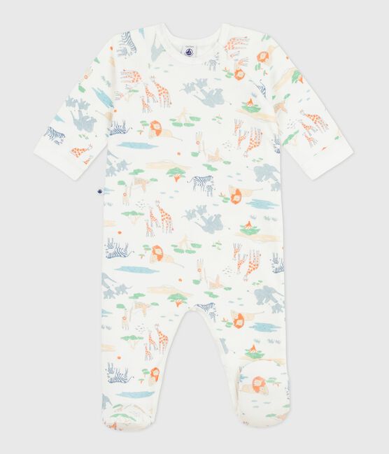 Babies' savannah print cotton pyjama suit with a zip MARSHMALLOW white/MULTICO white
