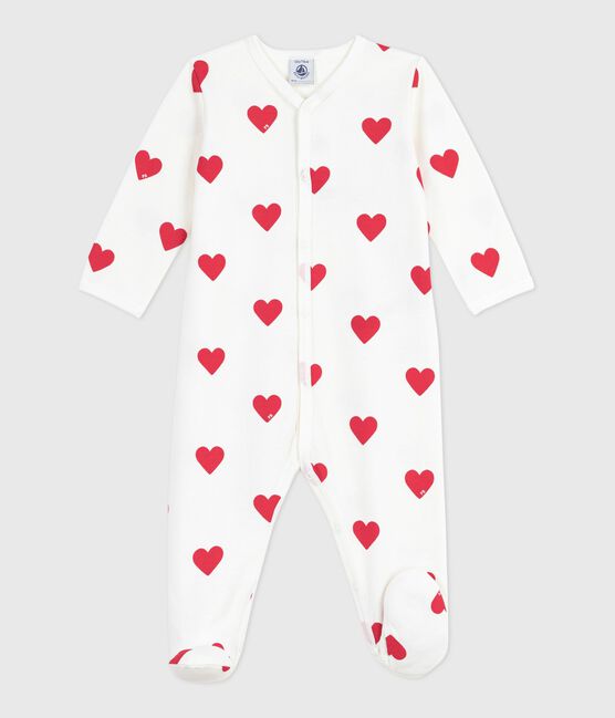 Babies' brushed fleece heart-print pyjamas with a collar MARSHMALLOW white/TERKUIT red