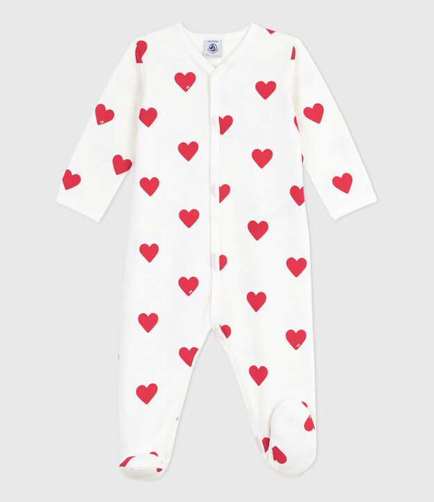 Babies' brushed fleece heart-print pyjamas with a collar white/red