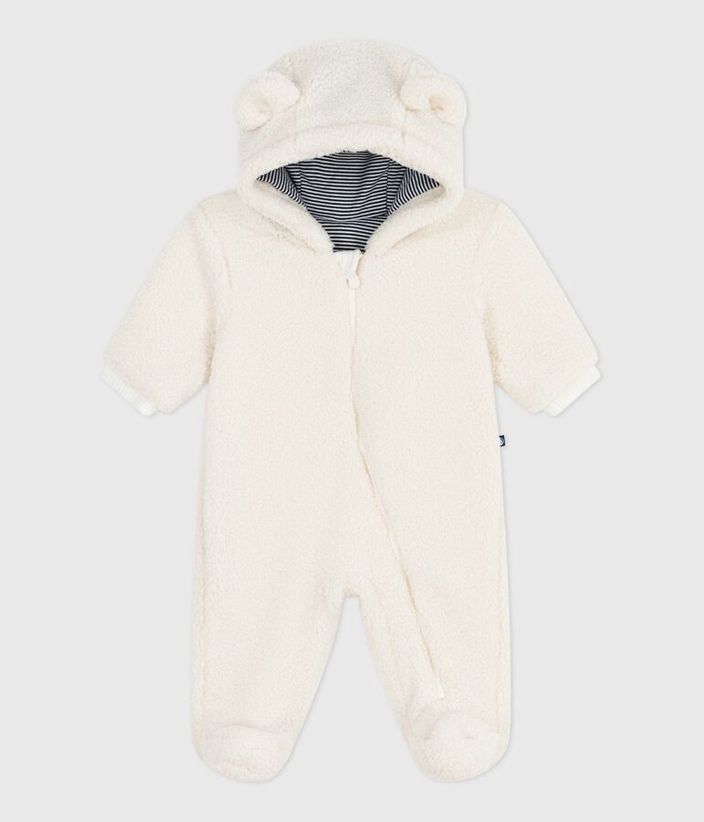 Babies' sherpa snowsuit with ears and a pinstriped lining Ecru
