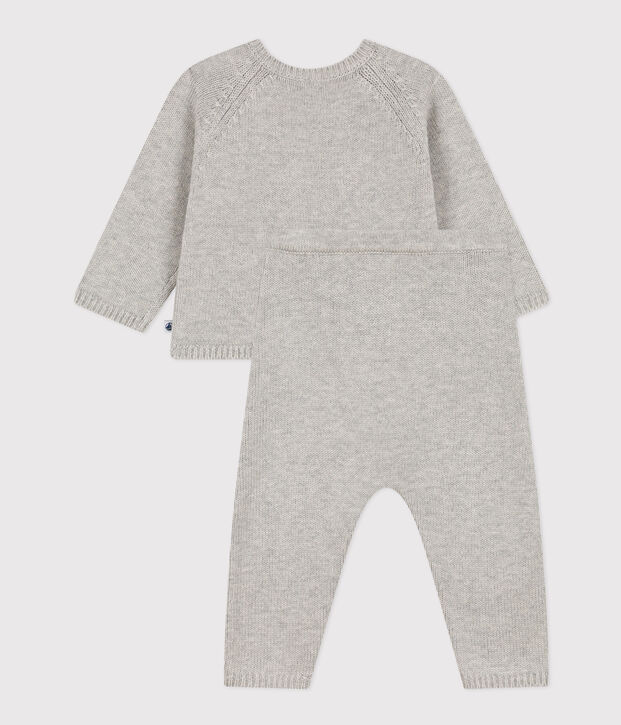 Babies' Wool/Cotton Heart Patterned Knit 2-Piece Outfit grey/white