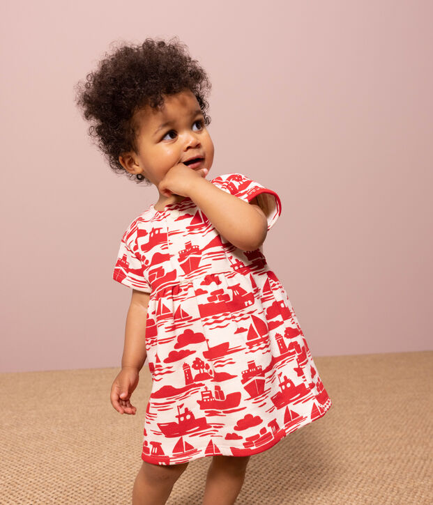 Babies' Short-Sleeved Patterned Fleece Dress Ecru/red