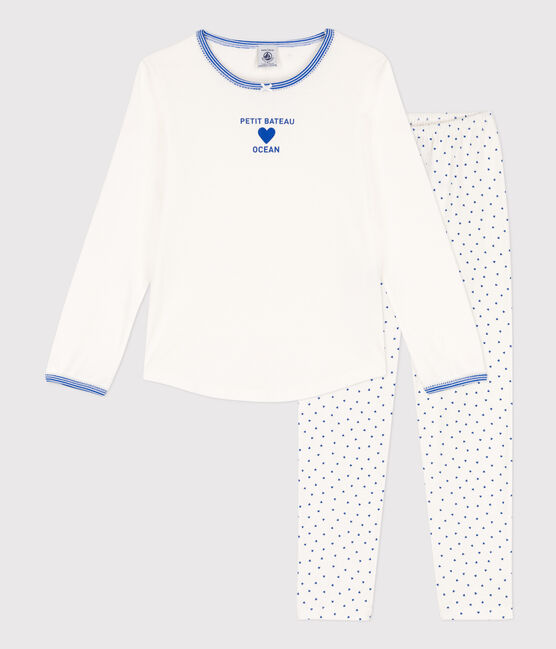 Girls' Cotton Pyjamas MARSHMALLOW white/PERSE blue