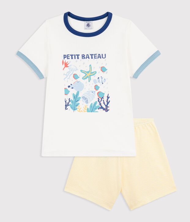 Children's short cotton pyjamas with an ocean design white/multicolor