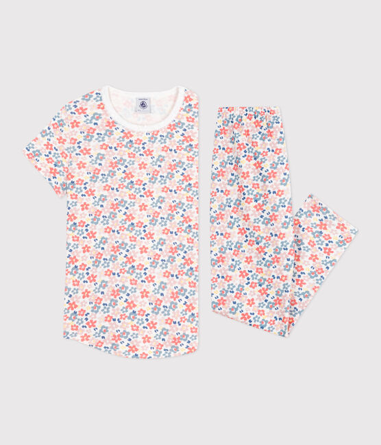 Children's printed cotton pyjamas with short sleeves and long legs MARSHMALLOW white/MULTICO white