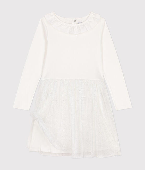 Girls' dress in rib-knit and tulle MARSHMALLOW white