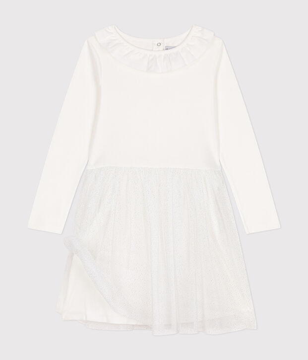 Girls' dress in rib-knit and tulle white