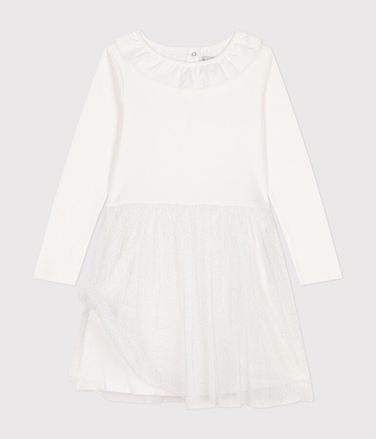 Girls' dress in rib-knit and tulle white