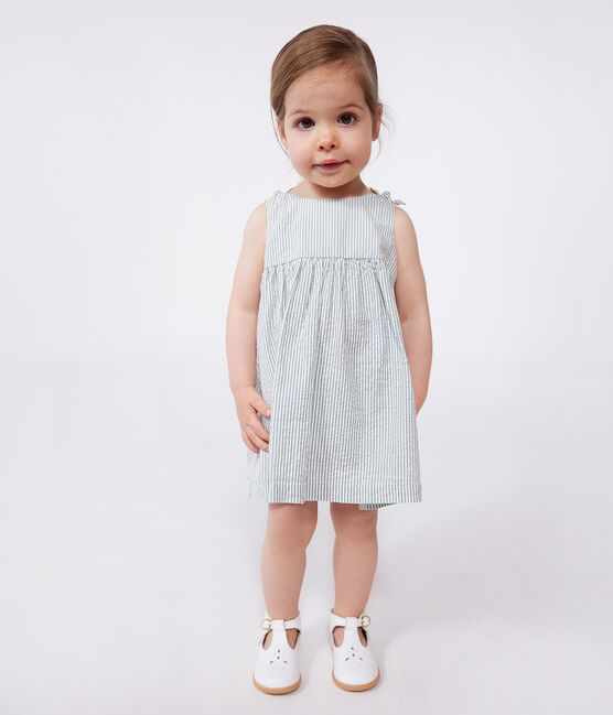 Babies' sleeveless stripy cotton dress MARSHMALLOW white/BRUT blue