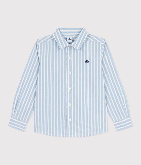 Children's long-sleeved stripy cotton shirt FLO blue/MARSHMALLOW