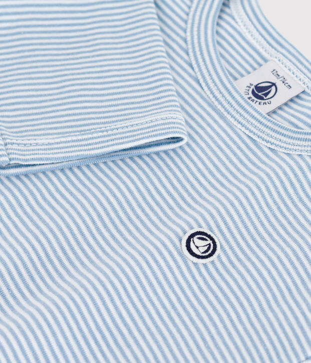 Babies' long-sleeved stripy cotton T-Shirt blue/white