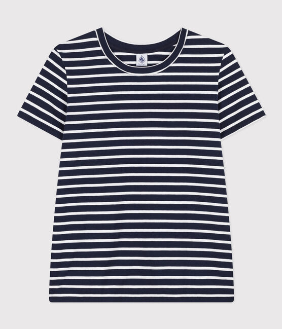 Women's Straight Round-Neck Cotton T-Shirt SMOKING blue/MARSHMALLOW white