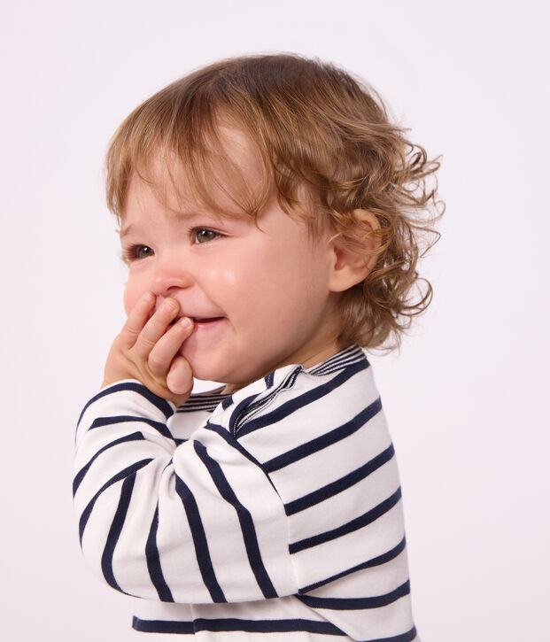 Babies' long-sleeved stripy cotton T-shirt. white/blue