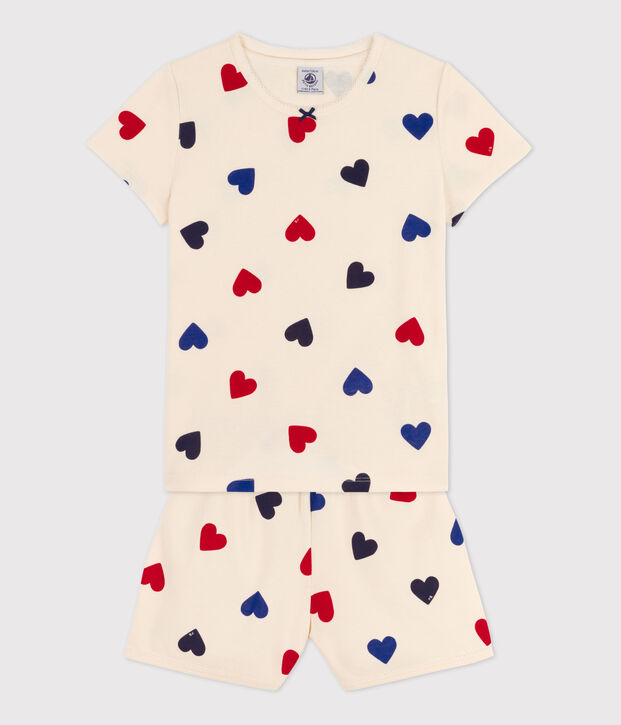Girls' Heart Patterned Cotton Short Pyjamas Ecru/multicolor