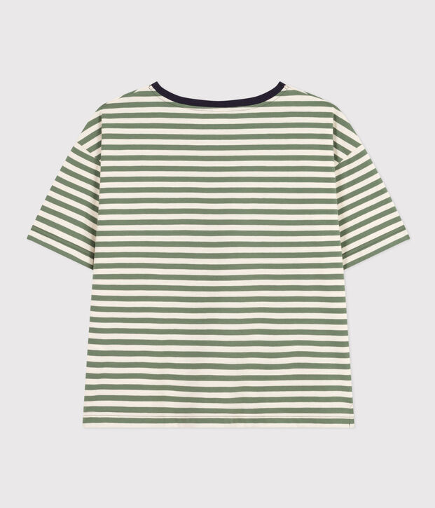 Women's Boxy Stripy Cotton T-Shirt green/ecru