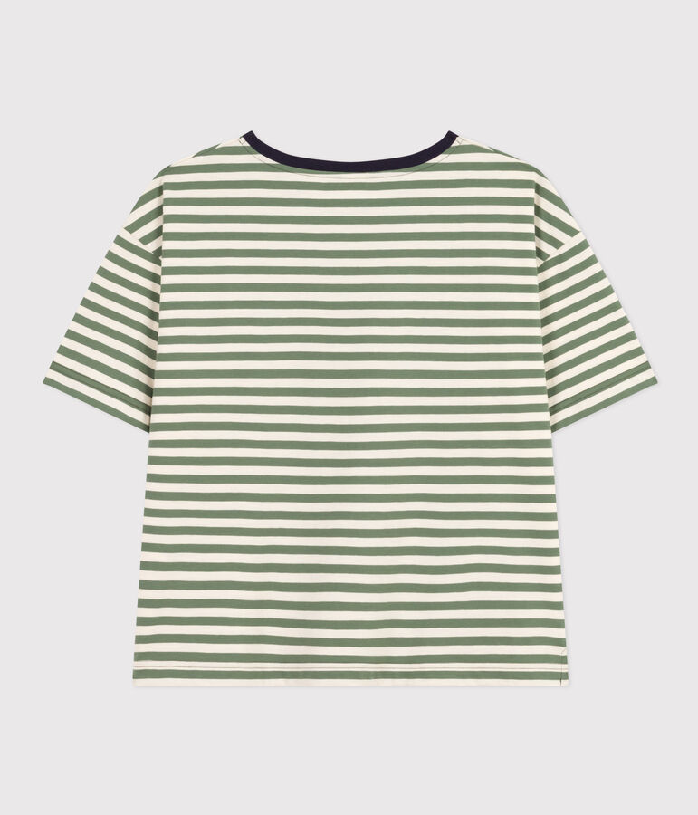 Women's Boxy Stripy Cotton T-Shirt green/ecru