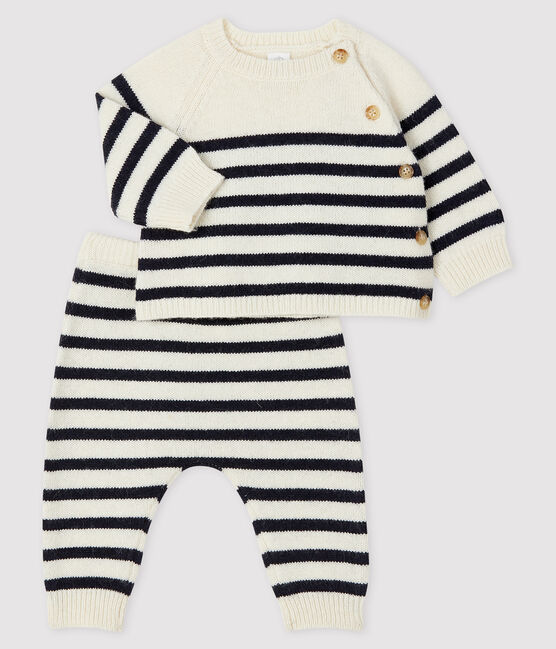 Babies' Stripy Wool Knit Clothing - 2-Piece Set MARSHMALLOW white/SMOKING blue