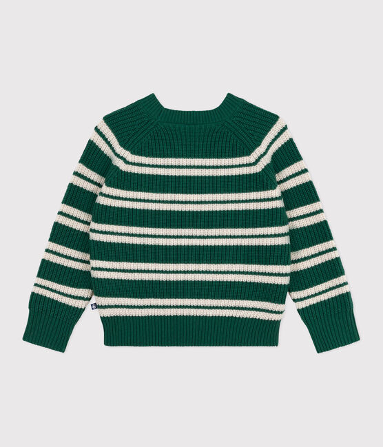 Children's stripy jumper in wool and cotton WILLOW green/AVALANCHE