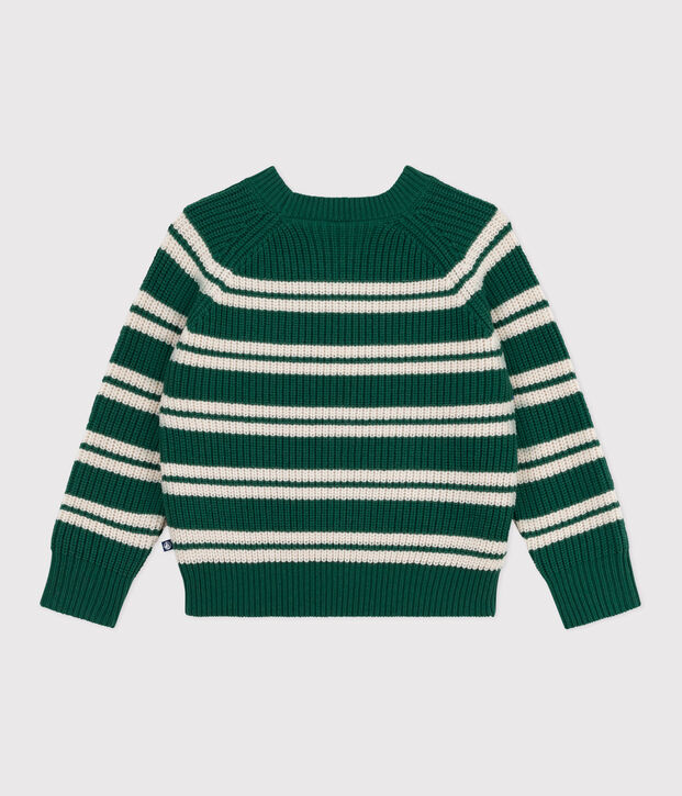 Children's stripy jumper in wool and cotton green/ecru