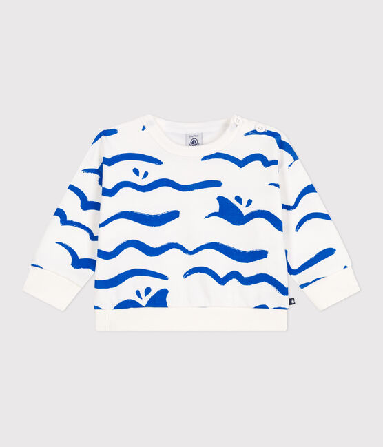 Babies' cotton sweatshirt with a shark print MARSHMALLOW blue/PORCELANA